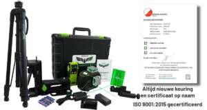De complete Birdy CL360-3G groene 3D-laser set, met statief, HD2G ontvanger, koffer, en kalibratiecertificaat.