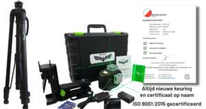 Complete set van de Birdy CL360-3G groene 3D-laser, inclusief statief, transportkoffer, accessoires en officieel kalibratiecertificaat.