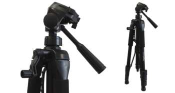 Licht telescopisch statief van 150 cm, volledig uitgeschoven en klaar voor gebruik met een bouwlaser.