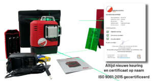 Complete Leica Lino L6G-S set in de officiële transporttas, met accu, lader, accessoires en een officieel kalibratiecertificaat.