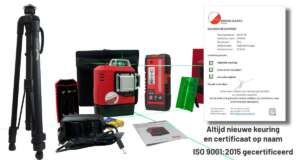 De complete Leica Lino L6G-S professional set met transporttas, statief, RGR200 ontvanger en een officieel kalibratiecertificaat.