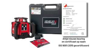Levelfix DLD100R ontvanger met baakklem, liggend voor de open koffer van de Levelfix 650H bouwlaser, met het officiële kalibratiecertificaat duidelijk zichtbaar.