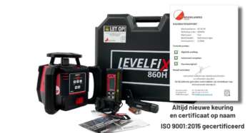 De complete Levelfix 860H set met bouwlaser, ontvanger, lader en certificaat, netjes uitgestald voor de gesloten transportkoffer.