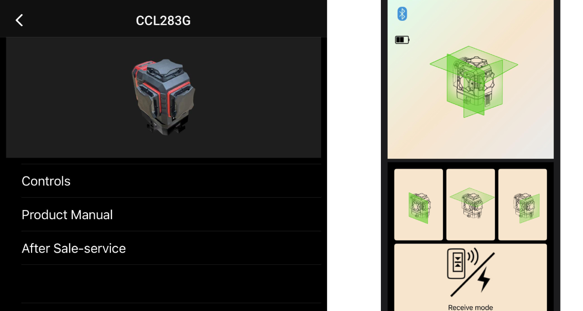 De LevelFix CONNECT App op een smartphone, waarmee de CCL283G laser via Bluetooth op afstand bediend kan worden.