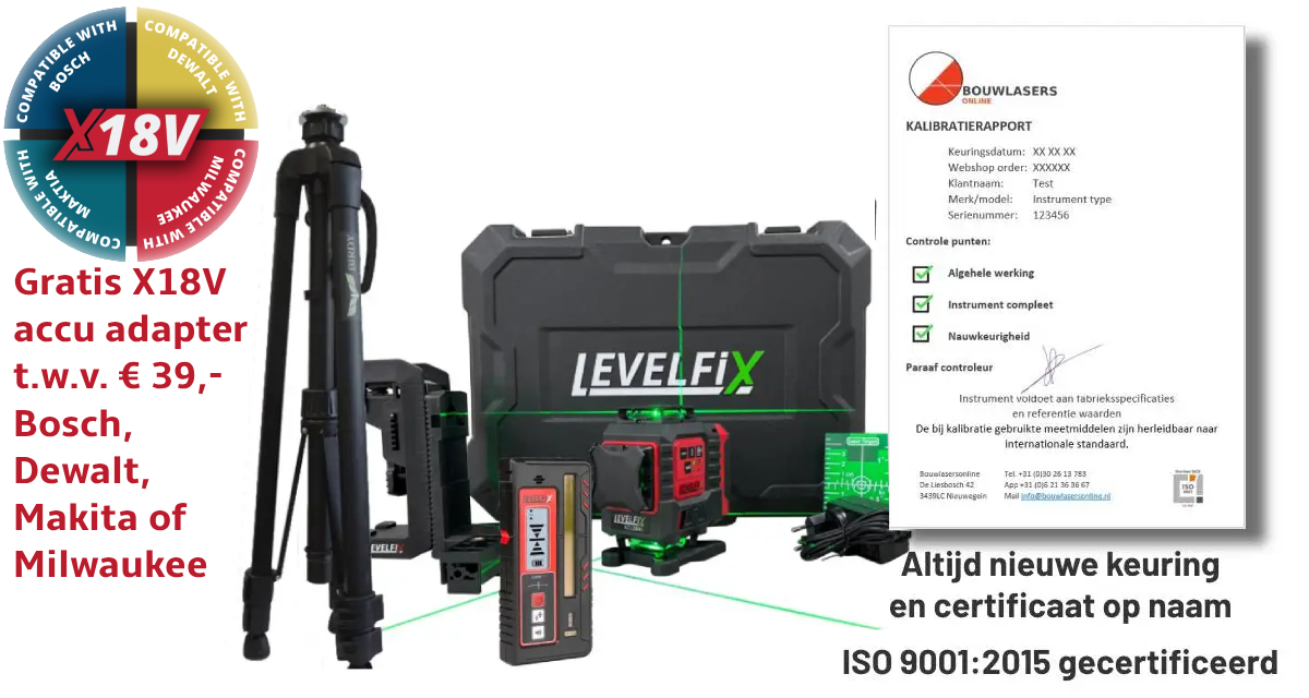 Levelfix CCL284G met statief en ontvanger Gratis 18V adapter Bouwlasers Online