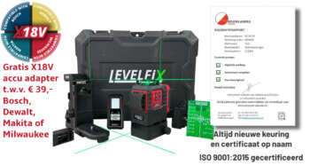 Levelfix MCL380G set uitgestald met gratis 18V adapter.