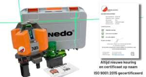 Nedo X-liner 6 Green multilijnlaser uitgestald voor de koffer met kalibratiecertificaat