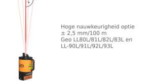 Geo laser hoge nauwkeurigheid optie LL-serie Hoge nauwkeurigheid optie ± 2,5 mm/100 m i.p.v. ± 5 mm/100 m Uitsluitend voor bestellingen van nieuwe Geo LL80L/81L/82L/83L en LL-90L/91L/92L/93L lasers.