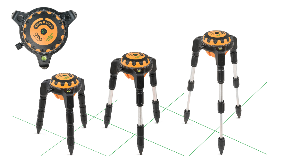 Een close-up van de heldere, groene laserlijn van de Geo Spider Green op een lichte tegel.