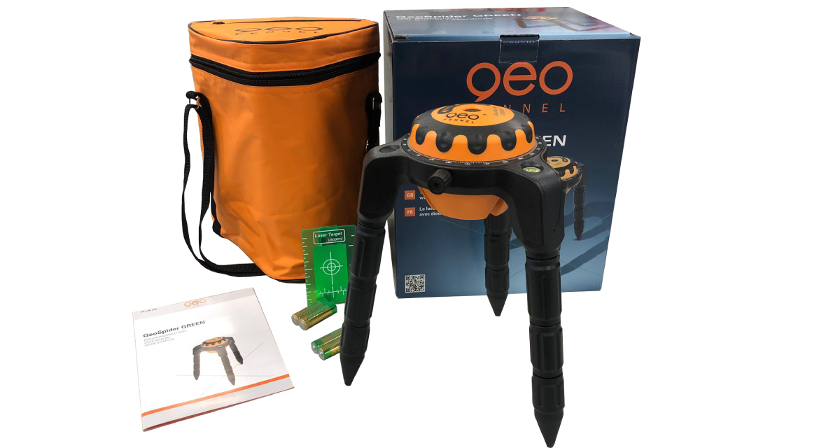 Basis set van de Geo-Fennel Geo-Spider Green lijnlaser met essentiële accessoires.