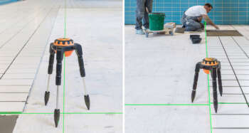 De Geo Spider Green projecteert een perfect haaks groen kruis op een vloer voor het leggen van tegels.