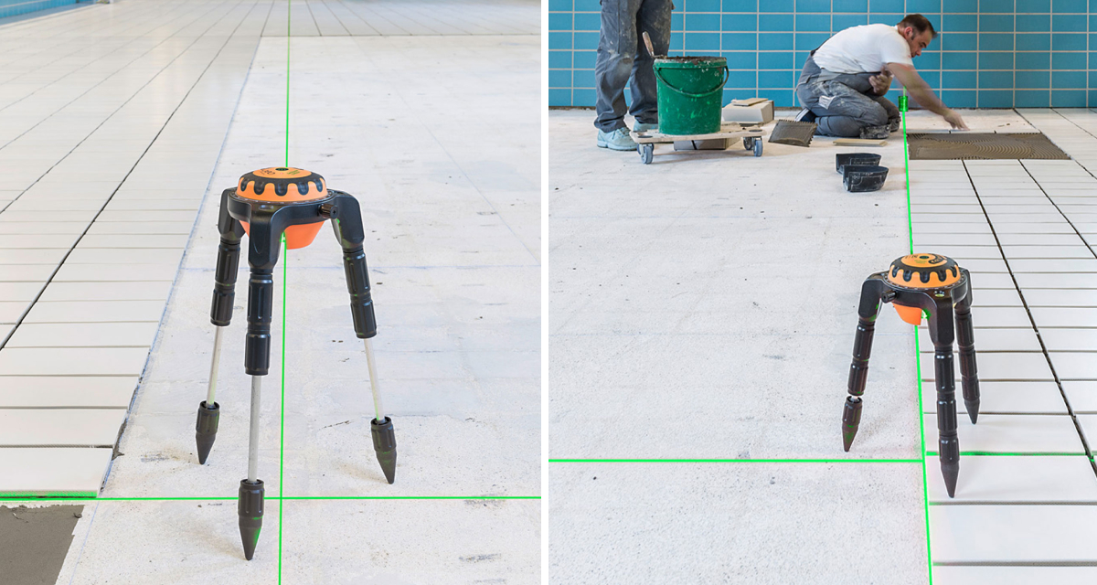 De Geo Spider Green projecteert een perfect haaks groen kruis op een vloer voor het leggen van tegels.