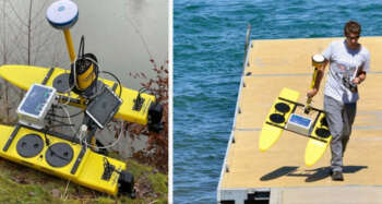 waarmee u verbluffende 3D-modellen van de waterbodem kunt maken met een indrukwekkende resolutie. Deze geavanceerde systemen zijn ontwikkeld om professionele resultaten te leveren voor uw bathymetrische projecten. Met een dieptenauwkeurigheid van slechts 1 cm of 0,1% van de diepte, kunt u vertrouwen op de precisie van uw metingen. Het brede werkingsbereik van 1,0 m tot 200 m stelt u in staat om diverse waterlichamen te onderzoeken met één enkel systeem. HyDrone USV De HyDrone USV (Unmanned Survey Vessel) is een lichtgewicht, onbemand vaartuig dat ontworpen is voor hydrografische survey-toepassingen. In combinatie met de HydroLite draagbare echosounder kit levert dit zeer economische catamaranplatform dezelfde resultaten als duurdere op afstand bestuurbare survey-systemen.