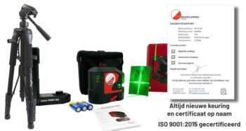 De complete Leica Lino L2G-S set overzichtelijk georganiseerd in de robuuste Leica tas, met statief.