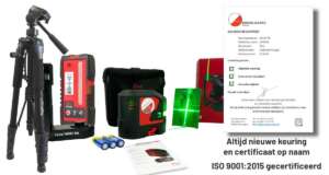 De complete Leica Lino L2G-S set compleet overzichtelijk georganiseerd in de robuuste Leica tas, met statief en ontvanger