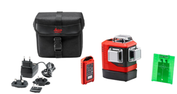 De Leica Lino L6G-S multilijnlaser set opgeborgen in de meegeleverde transporttas met alle standaard accessoires.