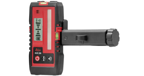 Leica RGR200GR laserontvanger met baakklem voor het detecteren van groene en rode laserlijnen.