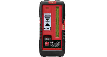 Front view of the Leica RGR300-D digital receiver for line lasers, showcasing its sleek design and features.