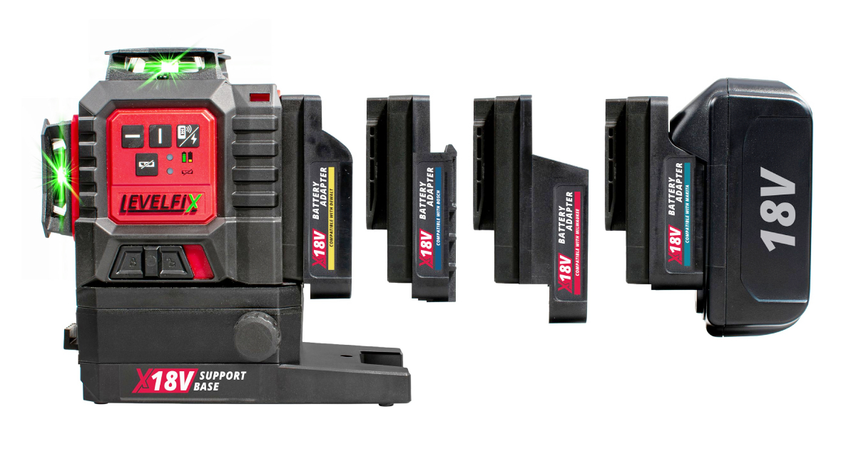 Levelfix laser met diverse accu adapters waaronder Bosch