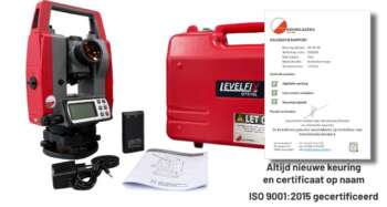 Levelfix DT-510L digitale theodoliet De Levelfix DT-510L is voorzien van een compensator, waardoor het nog eenvoudiger wordt het apparaat te gebruiken zonder foutief te meten door scheefstand. De bedrijfskosten worden met de Levelfix DT-510L laag gehouden met het standaard meegeleverde oplaadbare batterijpakket en de oplader. Richtlaser: De Levelfix DT-510L beschikt over een richtlaser, hiermee kan er zeer snel gemeten worden. Richt zonder door de kijker te kijken de laserpunt op het te meten punt, als er dan door de kijker gekeken wordt zult u zien dat deze gericht staat op het te meten punt. Loodpunt: De Levelfix DT-510L is voorzien van een laserlood punt, hiermee is het 2e dag opstellen snel en eenvoudig. Verlichte display: De Levelfix DT-510L beschikt over zowel een display aan de voor- als aan de achterzijde van het instrument. Zo is een snelle setup gerealiseerd. Om te voorkomen dat de display van de Levelfix DT-510L niet is af te lezen door te veel of juist te weinig omgevingslicht, zijn de beide displays voorzien van verlichting. Reparatie en kalibratie: Elke meetapparaat, van puntlaser tot totalstation wordt voor levering volledig door ons nagekeken en krijgt het apparaat een eindkalibratie voordat deze opgehaald of verzonden wordt. Mocht het product af fabriek komen, dan verricht de fabriek volgens onze afspraken deze controle en eindkalibratie. Reparaties en kalibraties worden in onze eigen serviceruimte gedaan. Hierdoor kunnen wij de hoogste kwaliteit leveren.