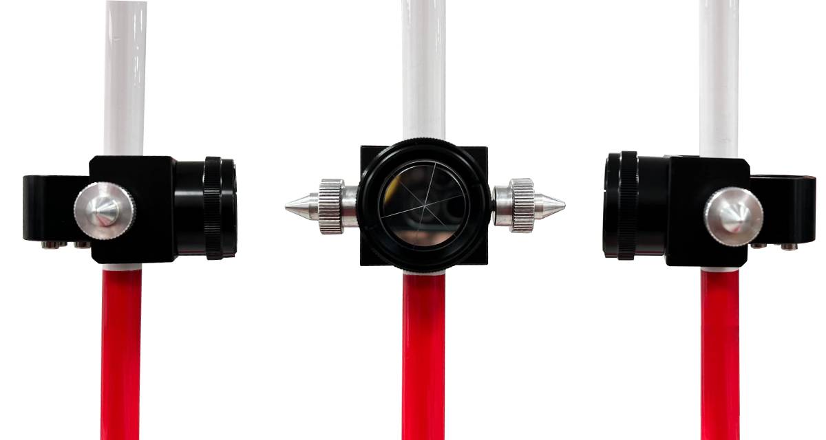 Mini prisma set verstelbaar Deze hoogwaardige mini prisma set heeft een constante van 0 mm en een nauwkeurigheid van 5" , wordt geleverd met een 3-delige prisma stok met elk een lengte van 60cm. Het prisma is over de prismastokken geschoven worden en vast gezet worden. De prismahouder is kantelbaar,