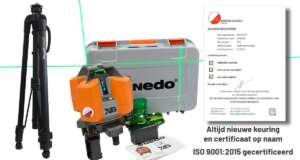Nedo X-liner 6 Green multilijnlaser set uitgestald voor de koffer met kalibratiecertificaat en in hoogte verstelbaar statief