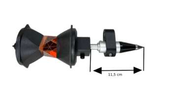 Prismapunt 115 mm Met deze uit aluminium vervaardigde prismapunt met een totale lentgte van 115mm kunt je met het prisma vlak boven de grond meten. Deze prismapunt is voorzien van een Leica koppeling en een doosniveau.
