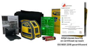 Complete leveringsomvang van de Spectra LP51G puntlaser met alle accessoires.